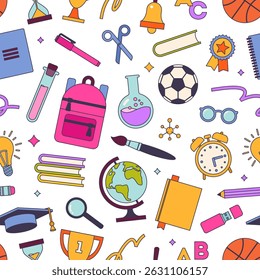 Back to school - colorful seamless pattern with school supplies icons. Vector illustration.