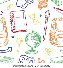 Back to school colorful seamless pattern with backpack, school equipment in black brush stroke texture isolated on white. Hand drawn vector sketch illustration in vintage charcoal ink. Cover design
