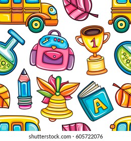 Volver a la escuela colorido patrón vectorial sin costuras. Bien por el diseño de tela textil, papel de envoltura y papel pintado de sitio web. Ilustración del vector aislada en fondo blanco