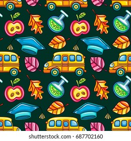 Volver a la escuela colorido patrón vectorial sin costuras. Bien por el diseño de tela textil, papel de envoltura y papel pintado de sitio web. Ilustración del vector aislada en fondo verde