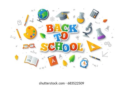 Back to school colorful stickers lettering and icons isolated on white background. Vector illustration. Education, art and science design