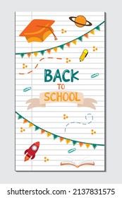 Back to school. Colorful back to school templates for invitations, posters, banners, promotions, sales etc. School supplies cartoon illustration. Vector back to school template design.