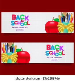 back to school colorful text banner template with stationary apple, pencil case, scissors, pen, golden ribbon with white background