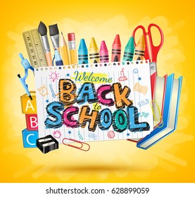 Back to School Colorful Text in White paper with School Items in Yellow Background Vector Illustration
