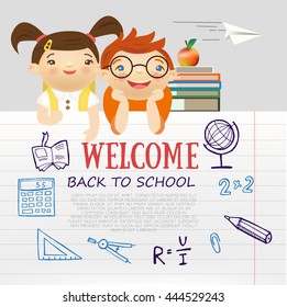 Back to school colorful text written in paper with funny kids vector characters.Vector illustration 