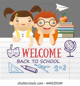 Back to school colorful text written in paper with funny kids vector characters.Vector illustration 