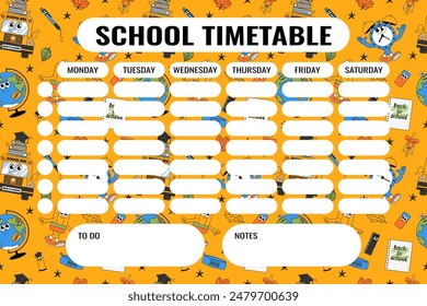 Zurück Schule Bunte Fahrplan mit Retro-groovigen Charakteren. Zurück zu Schule und Bildungskonzept. Zeitgenössische lustige Vektorillustration