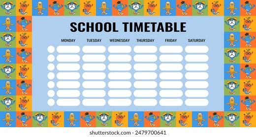 Back school colorful timetable with retro groovy characters in a squares. Back to school and education concept. Contemporary cute vector illustration