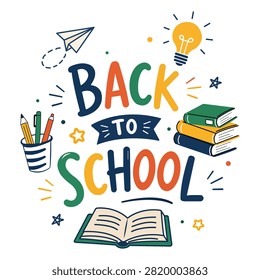 Back to school colorful typography design featuring books pencils and classroom elements for educational promotions student activities academic events and seasonal learning campaigns vector illustration.