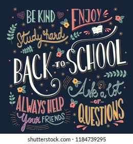 Back to school colorful typography drawing on blackboard with motivational messages, hand lettering, vector illustration