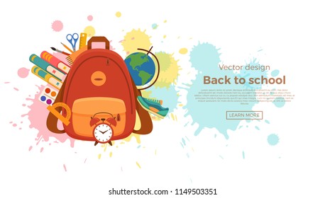 Back to school colorful vector concept. Cartoon illustration with pupil education supplies elements backpack, books on watercolor splash. Template for learning posters, banners, advertising designs 