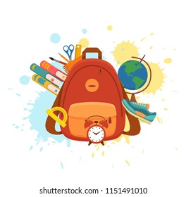 Back to school colorful vector concept. Cartoon illustration with pupil education supplies elements backpack, books on watercolor splash. Template for learning posters, banners, advertising designs 