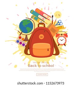 Back to school colorful vector concept. Cartoon illustration with pupil education supplies elements backpack, books on watercolor splash. Template for learning posters, banners, advertising designs 