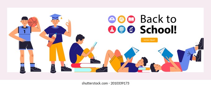 De vuelta a la escuela. Ilustración vectorial colorida, pancarta. Clipart sobre el tema de la educación, la escuela.