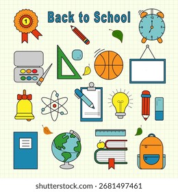 Volver a la escuela colorido conjunto de Ilustración vectorial. Incluye libros, cuaderno, lápices, pluma, Reglas, mochila, globo, hojas de otoño, etc