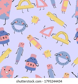 Back to school colorful vector seamless pattern with cute anthropomorphic pencil case, rulers, protractor, ink bottle, glue stick, marker and eraser in pastel colors 