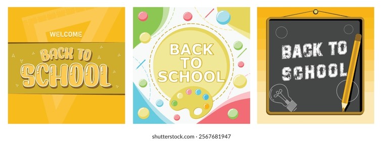 Back To School. Colorful watercolor pencils and board. Light bulb and pencil decoration. Back to school concept. Set flat vector illustration.