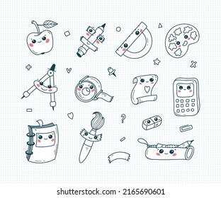 Back to School Coloring Page. Cute School Supplies Clipart Set. Happy Education Characters. Vector illustration for kids. Kawaii Style