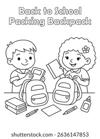 Back to school coloring page with kids packing backpacks and school supplies. Perfect for worksheets, activities, and classroom printables.