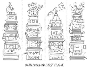 Back To School Coloring Page For Kids And Bookmarks Themed On Astronomy Chemistry Botany And Drawing