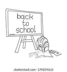 Zurück zu Schulfarbensatz, Schulboard, Rucksack, Buch, Notizbücher, Lineal- und Inschriften, Vektorgrafik für Design und Kreativität
