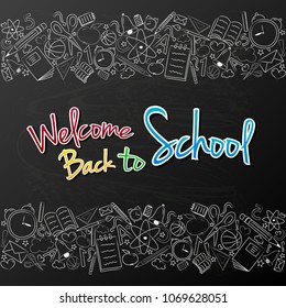 Back to school - colourful poster with funny sketch on black board. Vector.