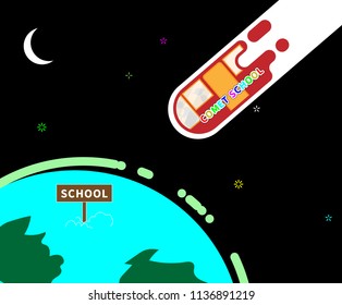 back to school comet go to earth with full speed at night in modern flat style with line , moon and star, vector 