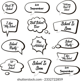 Back to School in comic speech bubbles, pop art style. Education concept. Comic dialog cloud, space cartoon. Set Memphis school comic bubble halftone dot. Creative idea conversation explosion balloon.