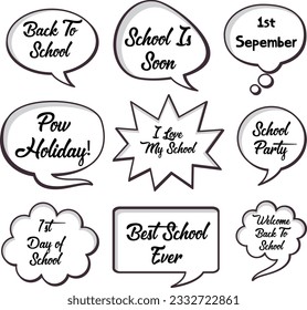 Back to School in comic speech bubbles, pop art style. Education concept. Comic dialog cloud, space cartoon. Set Memphis school comic bubble halftone dot. Creative idea conversation explosion balloon.