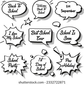 Back to School in comic speech bubbles, pop art style. Education concept. Comic dialog cloud, space cartoon. Set Memphis school comic bubble halftone dot. Creative idea conversation explosion balloon.