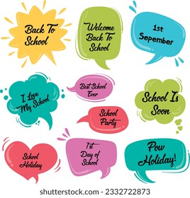 Back to School in comic speech bubbles, pop art style. Education concept. Comic dialog cloud, space cartoon. Set Memphis school comic bubble halftone dot. Creative idea conversation explosion balloon.