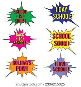 Back to School in comic speech bubbles, pop art style. Education concept. Comic dialog cloud, space cartoon. Set memphis school comic bubble halftone dot. Creative idea conversation explosion balloon