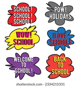 Back to School in comic speech bubbles, pop art style. Education concept. Comic dialog cloud, space cartoon. Set memphis school comic bubble halftone dot. Creative idea conversation explosion balloon