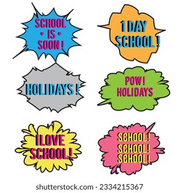 Back to School in comic speech bubbles, pop art style. Education concept. Comic dialog cloud, space cartoon. Set memphis school comic bubble halftone dot. Creative idea conversation explosion balloon