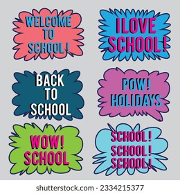 Back to School in comic speech bubbles, pop art style. Education concept. Comic dialog cloud, space cartoon. Set memphis school comic bubble halftone dot. Creative idea conversation explosion balloon