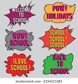 Back to School in comic speech bubbles, pop art style. Education concept. Comic dialog cloud, space cartoon. Set memphis school comic bubble halftone dot. Creative idea conversation explosion balloon