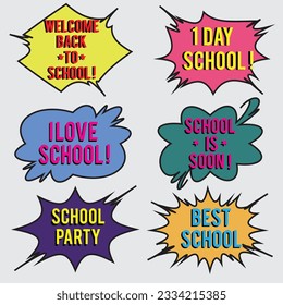 Back to School in comic speech bubbles, pop art style. Education concept. Comic dialog cloud, space cartoon. Set memphis school comic bubble halftone dot. Creative idea conversation explosion balloon