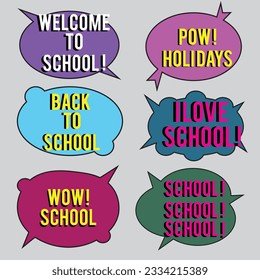 Back to School in comic speech bubbles, pop art style. Education concept. Comic dialog cloud, space cartoon. Set memphis school comic bubble halftone dot. Creative idea conversation explosion balloon