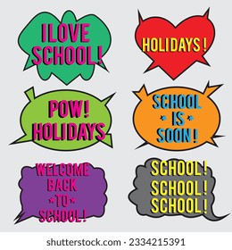 Back to School in comic speech bubbles, pop art style. Education concept. Comic dialog cloud, space cartoon. Set memphis school comic bubble halftone dot. Creative idea conversation explosion balloon