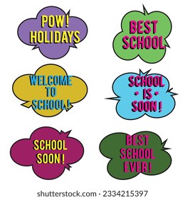 Back to School in comic speech bubbles, pop art style. Education concept. Comic dialog cloud, space cartoon. Set memphis school comic bubble halftone dot. Creative idea conversation explosion balloon