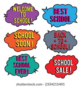Back to School in comic speech bubbles, pop art style. Education concept. Comic dialog cloud, space cartoon. Set memphis school comic bubble halftone dot. Creative idea conversation explosion balloon