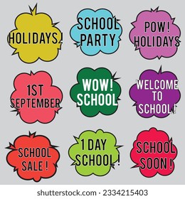 Back to School in comic speech bubbles, pop art style. Education concept. Comic dialog cloud, space cartoon. Set memphis school comic bubble halftone dot. Creative idea conversation explosion balloon