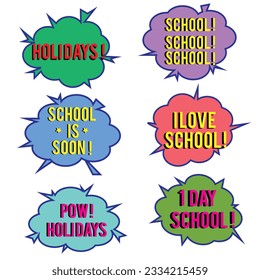 Back to School in comic speech bubbles, pop art style. Education concept. Comic dialog cloud, space cartoon. Set memphis school comic bubble halftone dot. Creative idea conversation explosion balloon