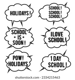 Back to School in comic speech bubbles, pop art style. Education concept. Comic dialog cloud, space cartoon. Set memphis school comic bubble halftone dot. Creative idea conversation explosion balloon
