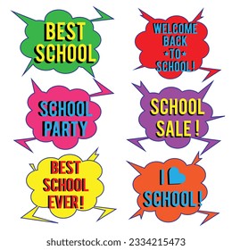 Back to School in comic speech bubbles, pop art style. Education concept. Comic dialog cloud, space cartoon. Set memphis school comic bubble halftone dot. Creative idea conversation explosion balloon