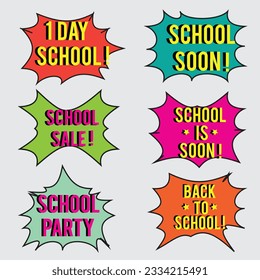 Back to School in comic speech bubbles, pop art style. Education concept. Comic dialog cloud, space cartoon. Set memphis school comic bubble halftone dot. Creative idea conversation explosion balloon