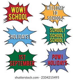 Back to School in comic speech bubbles, pop art style. Education concept. Comic dialog cloud, space cartoon. Set memphis school comic bubble halftone dot. Creative idea conversation explosion balloon