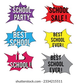 Back to School in comic speech bubbles, pop art style. Education concept. Comic dialog cloud, space cartoon. Set memphis school comic bubble halftone dot. Creative idea conversation explosion balloon