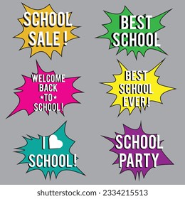 Back to School in comic speech bubbles, pop art style. Education concept. Comic dialog cloud, space cartoon. Set memphis school comic bubble halftone dot. Creative idea conversation explosion balloon