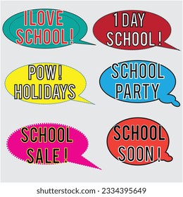 Back to School in comic speech bubbles, pop art style. Education concept. Comic dialog cloud, space cartoon. Set memphis school comic bubble halftone dot. Creative idea conversation explosion balloon